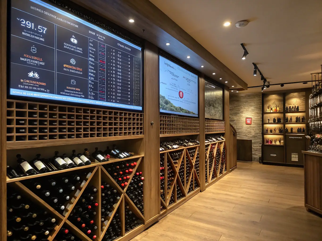 A beautifully lit photograph of a wine cellar, showcasing rows of aged bottles, emphasizing the depth and variety of Vinos & Co.'s collection.