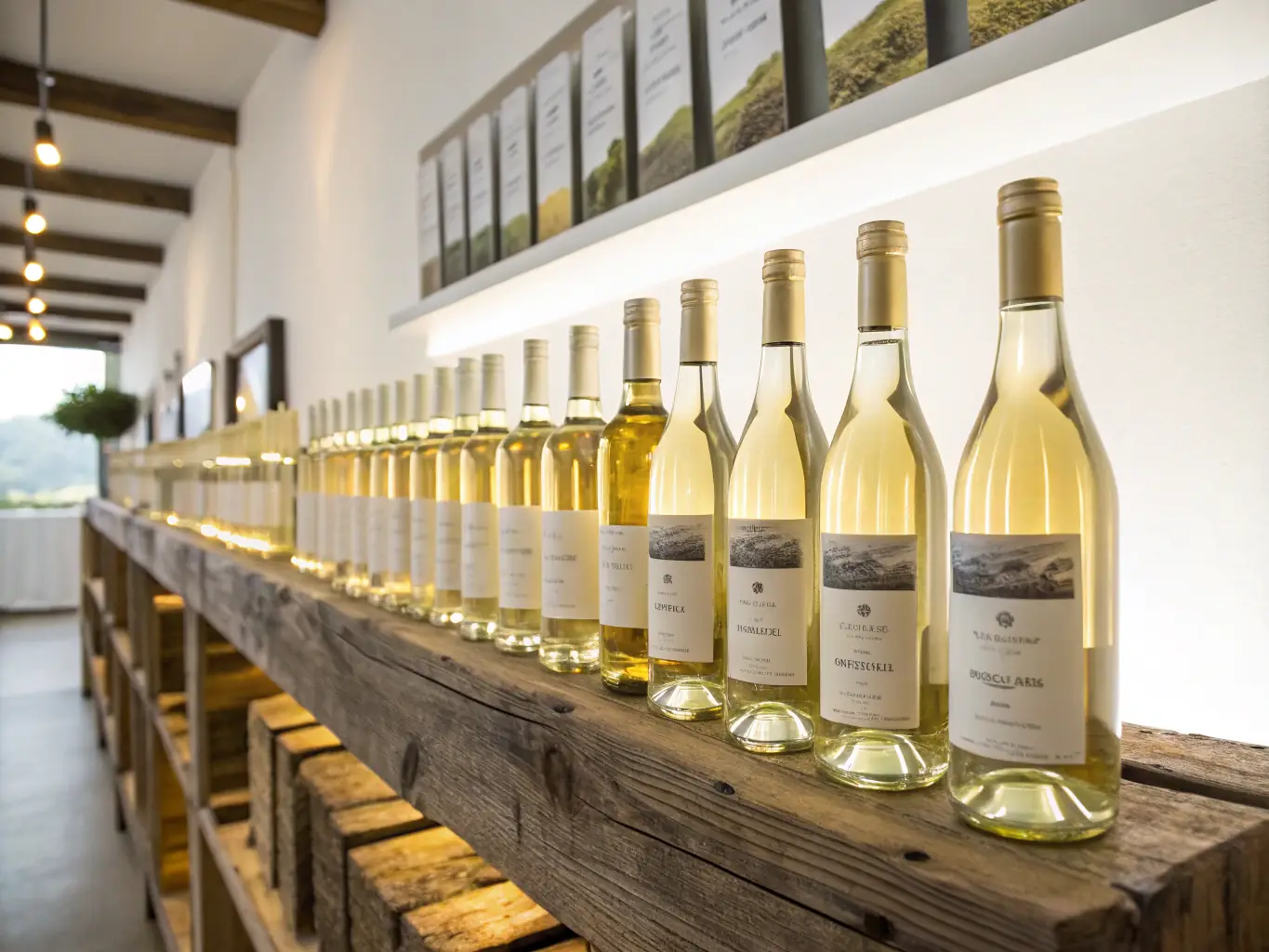 A visually appealing arrangement of various white wine bottles, showcasing different labels and bottle shapes, emphasizing the diversity of white wines available at Vinos & Co.