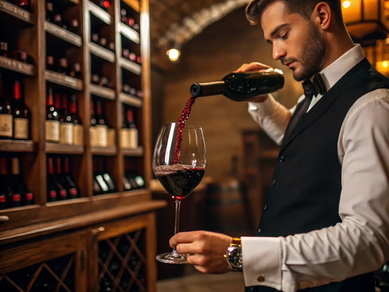 A close-up shot of a sommelier pouring a glass of red wine, highlighting the rich color and texture, suggesting a wine-tasting experience.